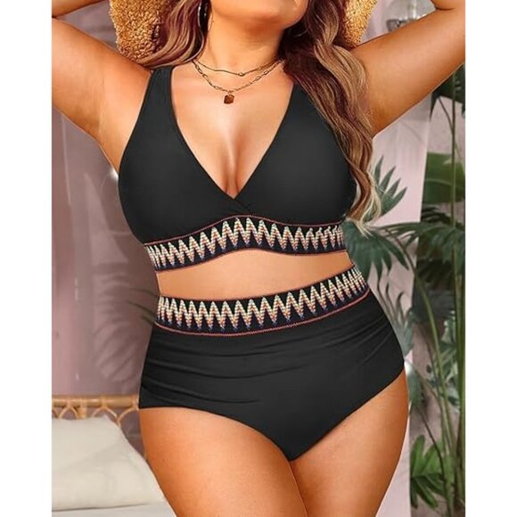 Two Piece V-Neck Tummy Control High Waisted Swimsuit Bikini Set Size16W - Picture 3 of 13